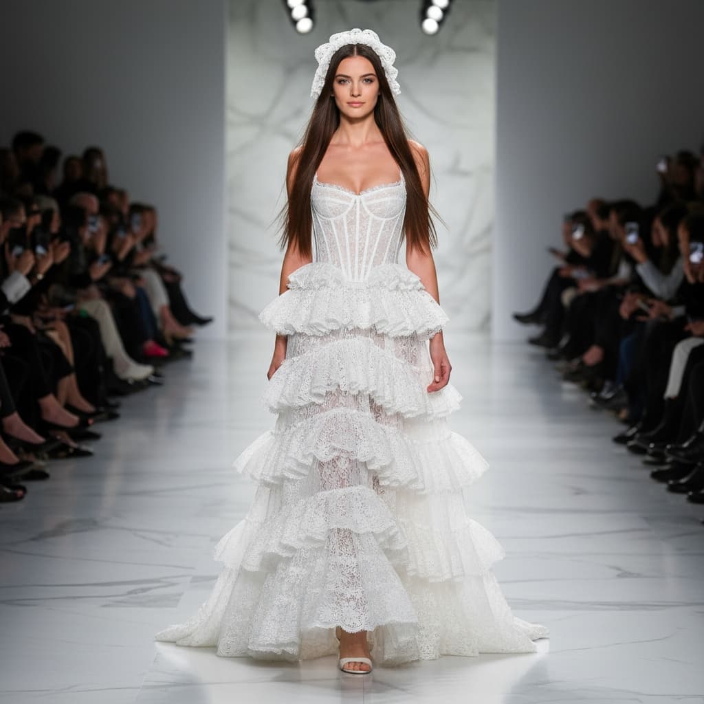 Floor-Length White Lace Tiered Gown With A Fitted Corset Bodice, Multiple Ruffled Layers, And A Delicate Bonnet Headpiece, Made From Airy Cotton Eyelet Fabric