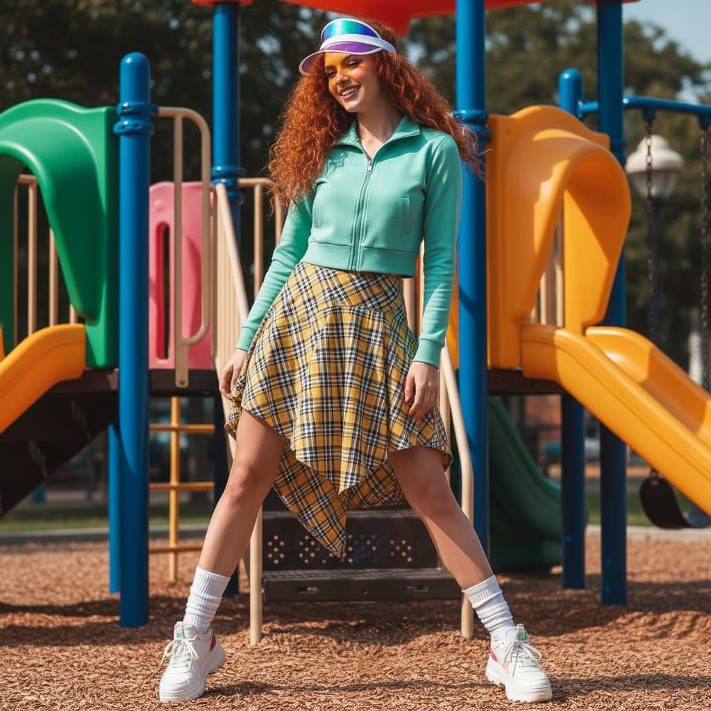 Mint Green Zip-Up Top Paired With Yellow Plaid Asymmetric Skirt, White Socks With Lace-Up Sneakers, And A Sporty Visor