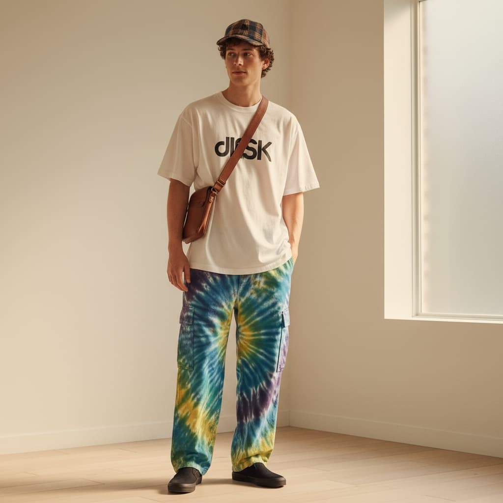 Oversized White Logo T-Shirt With Tie-Dye Cargo Pants, Accessorized With A Brown Crossbody Bag, Plaid Cap, And Dark Slip-On Shoes