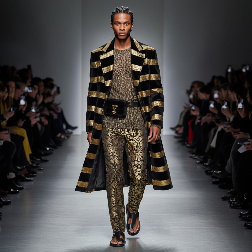 Ankle-Length Black And Gold Striped Velvet Coat With Matching Belt Bag, Metallic Knit Top, Jacquard Pants, And Open-Toe Black Sandals