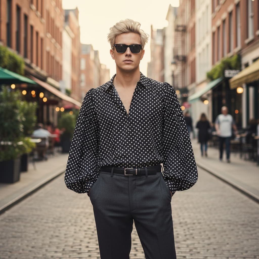Black Polka-Dot Blouse With Gathered Shoulders And Cuffs, Tucked Into High-Waisted Dark Trousers, Finished With A Slim Leather Belt And Dark Sunglasses