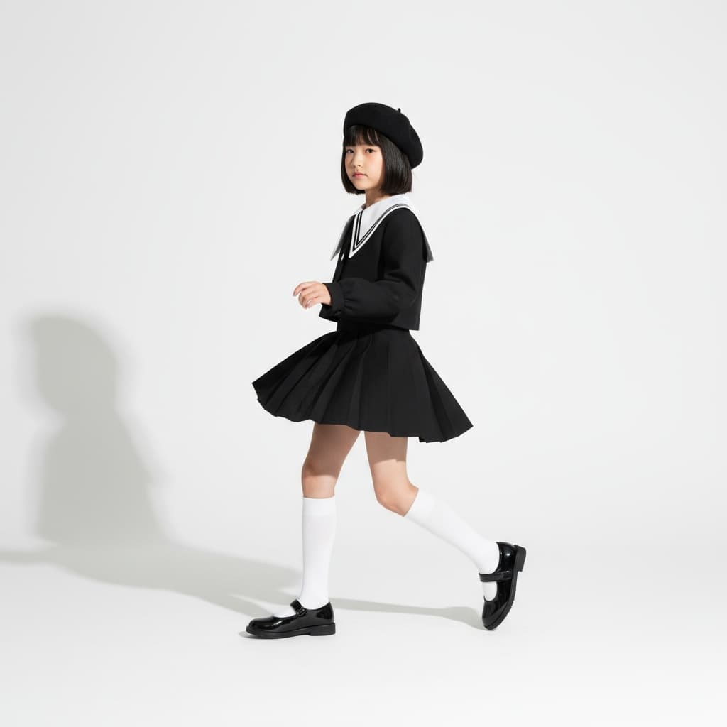 Black Cropped Jacket With White Sailor Collar, Pleated Mini Skirt, White Socks, And Black Patent Shoes, Accessorized With A Beret