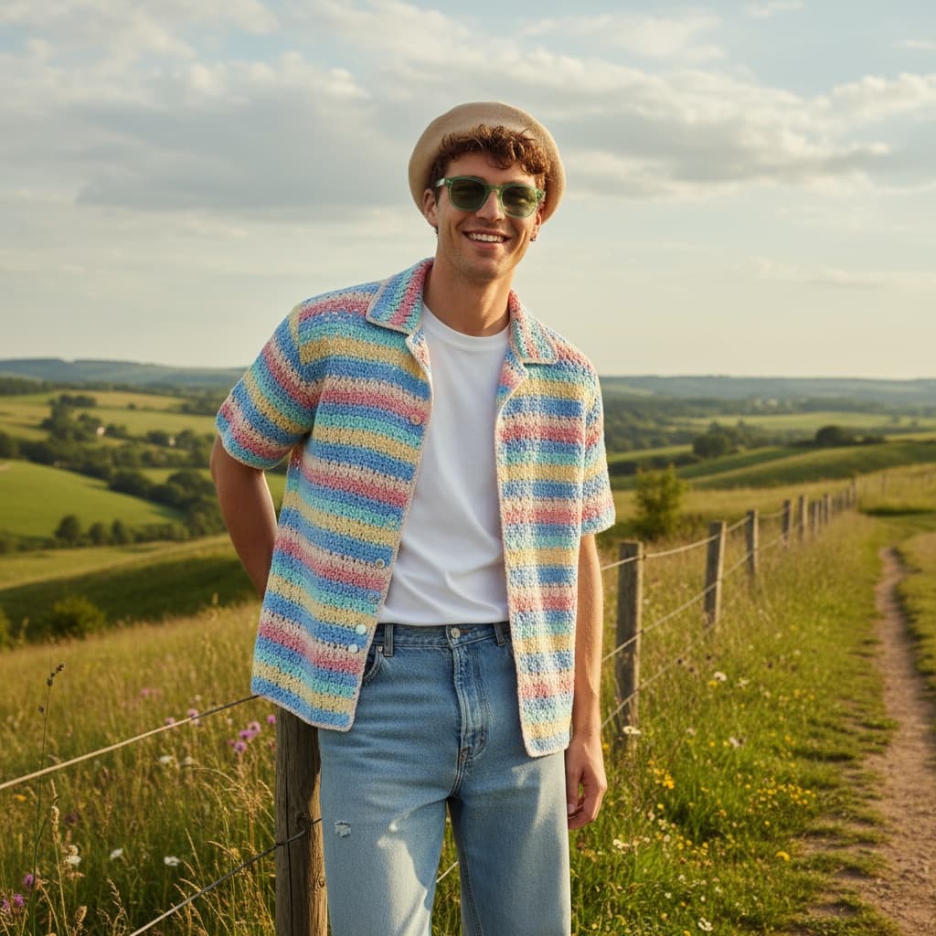 Pastel Striped Crochet Short-Sleeve Shirt Layered Over A White Tee, Paired With Light Denim Jeans, Green-Tinted Sunglasses, And A Beige Beret