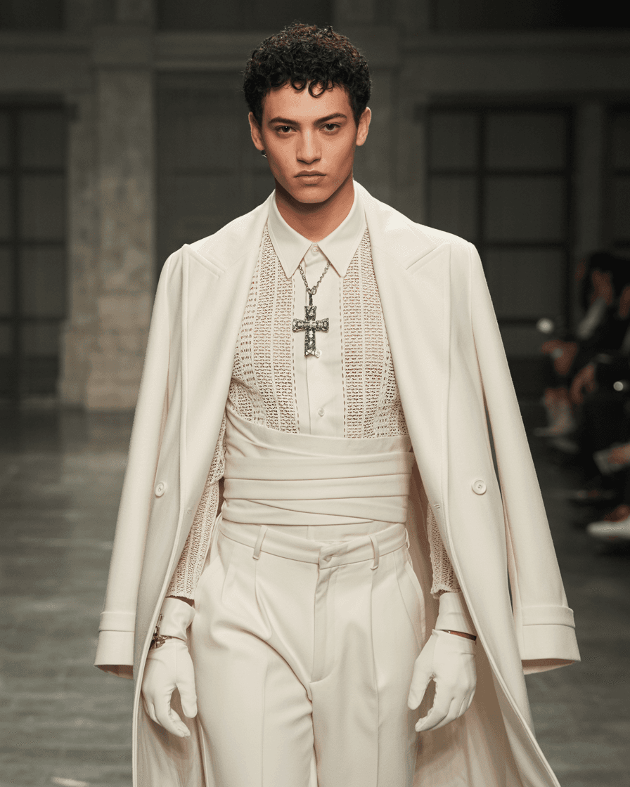 Full White Tailored Ensemble With Lace Shirt, Structured Waist Sash, And Long Flowing Coat, Accessorized With A Large Jeweled Cross Necklace And Gloves