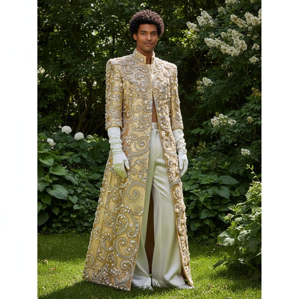 Floor-Length Metallic Gold Embellished Coat With Ornate Embroidery, Pearls, And Crystal Details, Paired With White Silk Pants And Matching Gloves