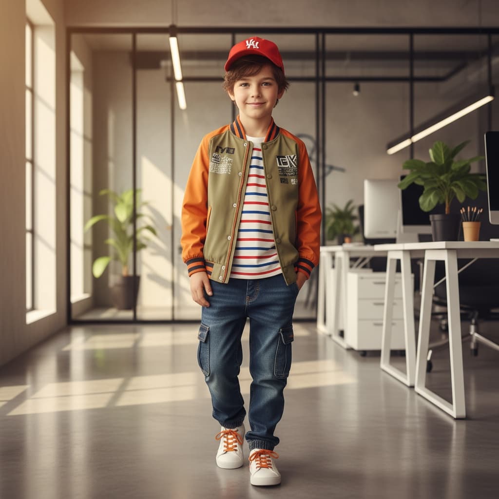 Two-Tone Bomber Jacket In Khaki And Orange With Printed Details, Paired With Striped Tee, Dark Denim Cargo Pants, And Red Cap