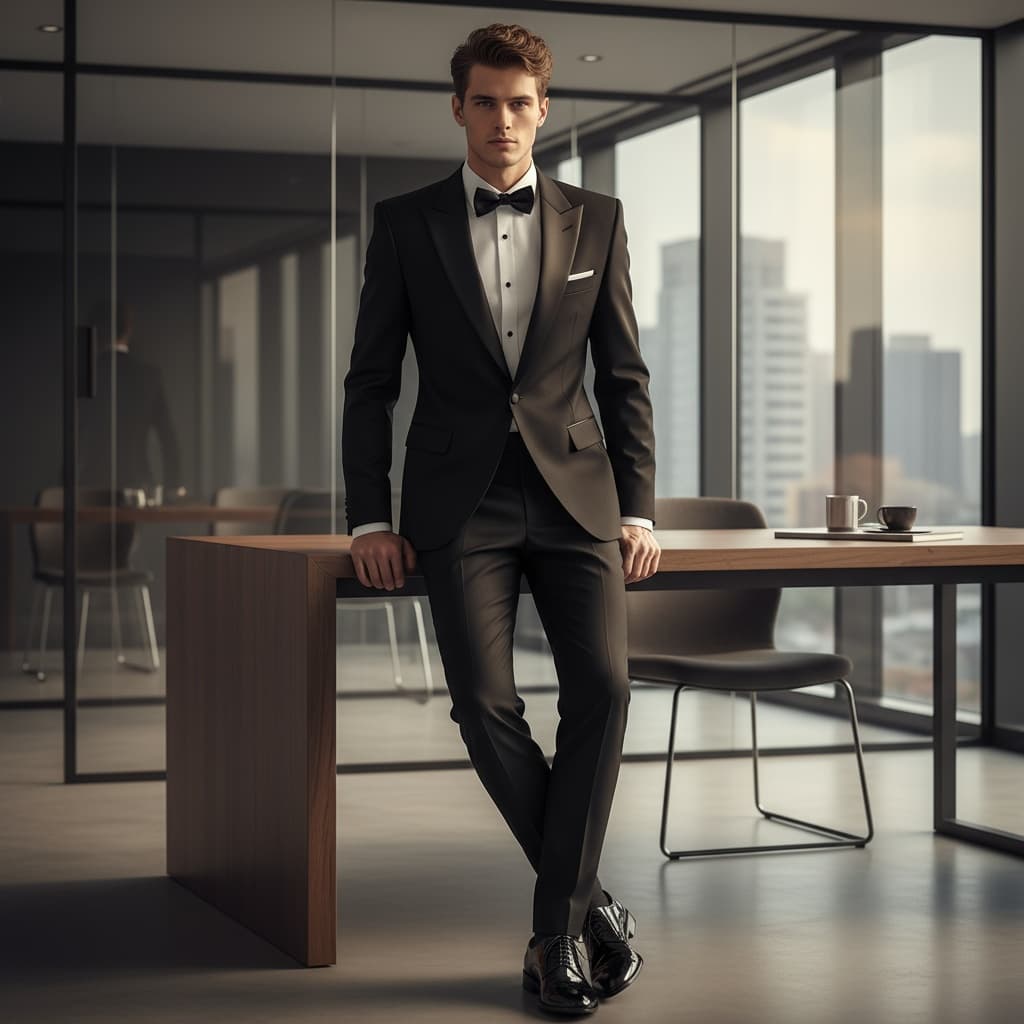 Black Suit With Sharp Shoulders And Satin Lapels, Paired With A Bow-Tie Shirt And Glossy Black Shoes, Creating A Sleek Monochrome Ensemble