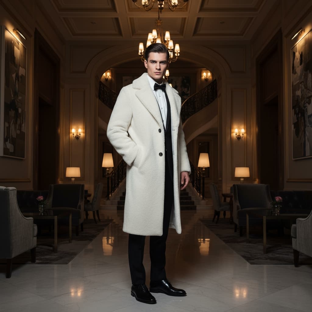 Floor-Length White Shearling Coat Layered Over A Classic Black Tuxedo With A Crisp White Shirt, Black Bow Tie, And Polished Leather Shoes