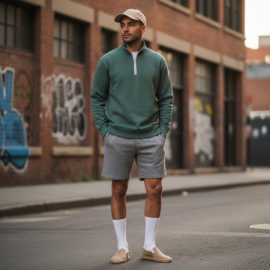 Green Zip-Collar Sweatshirt With Grey Shorts, Paired With White Crew Socks, Tan Slip-On Shoes, And Beige Baseball Cap For A Relaxed Court Style