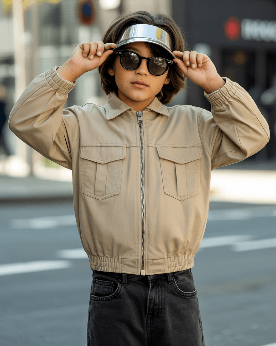 Beige Zip-Up Utility Jacket With Flap Pockets, Black Denim Pants, Silver Visor Cap, And Dark Sunglasses For A Cool Urban Look