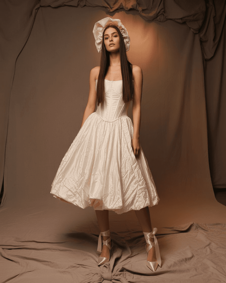 Knee-Length White Corset Dress Made Of Crinkled Satin Fabric With A Voluminous Skirt, Paired With A Soft Bonnet Headpiece And Ribbon-Wrapped Satin Heels