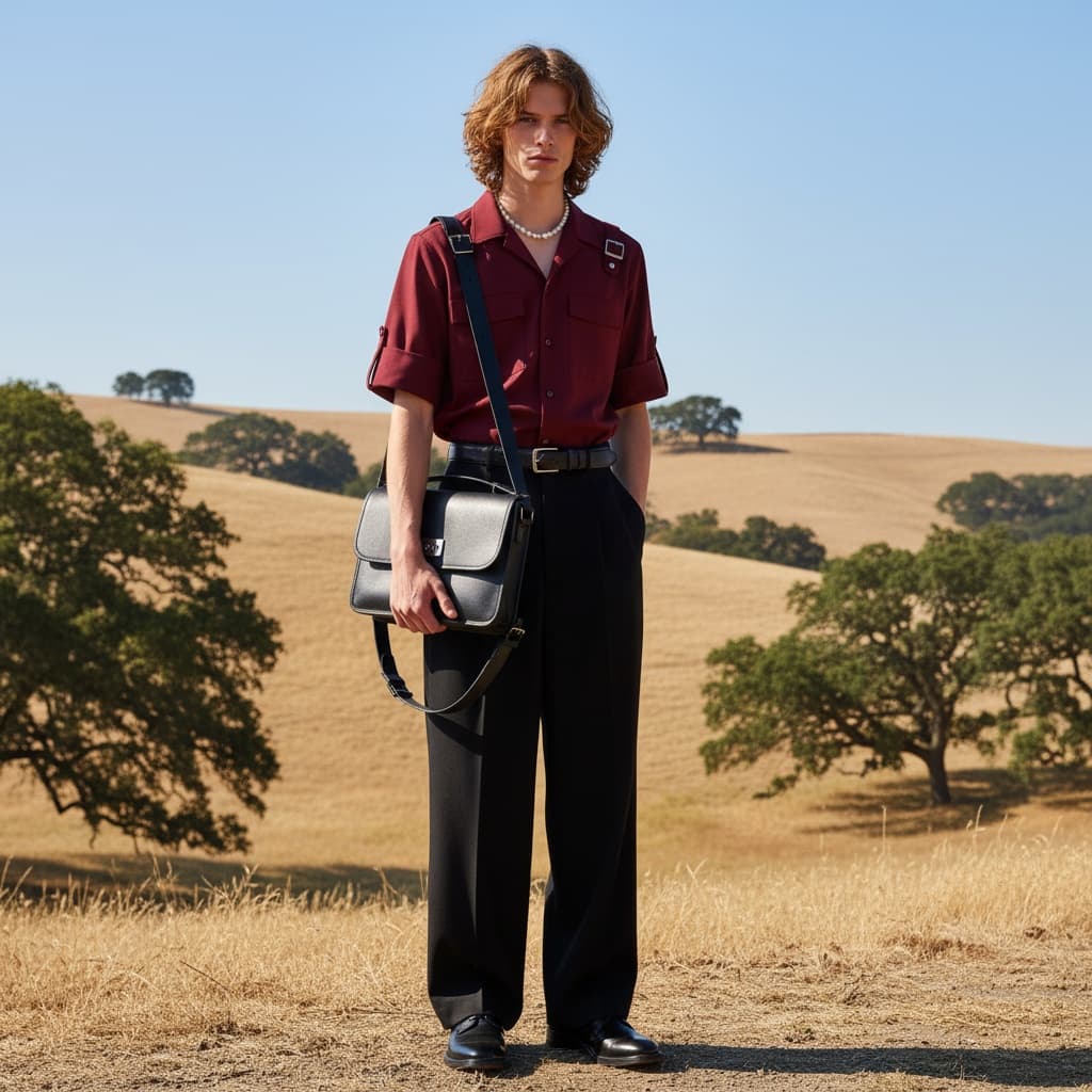 Burgundy Short-Sleeve Shirt With Folded Cuffs And Buckle Details, Paired With Black Wide-Leg Trousers, Leather Belt, And Glossy Black Shoes, Accessorized With A Pearl Necklace And Black Leather Bag