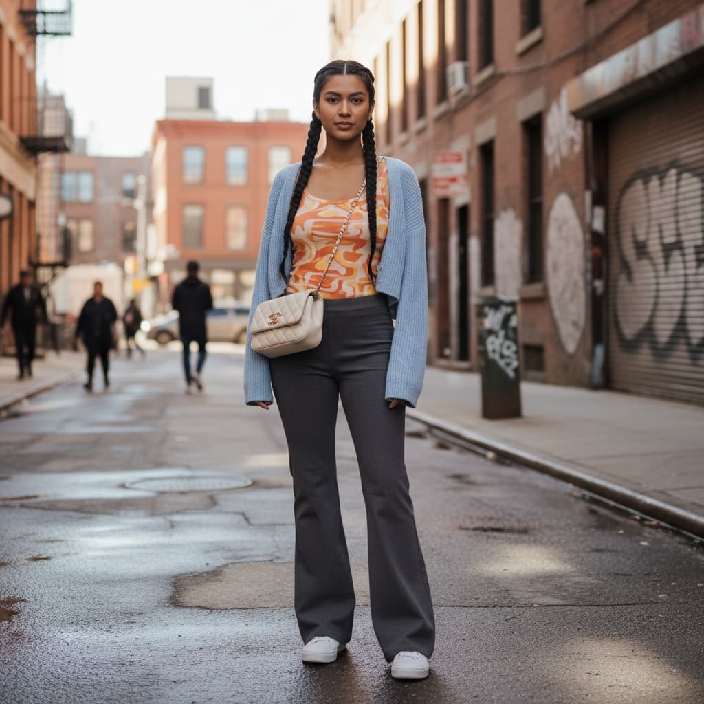 Baby-Blue Cropped Cardigan Layered Over A Printed Tank And Wide Charcoal Flared Pants, Styled With White Sneakers And A Quilted Shoulder Bag