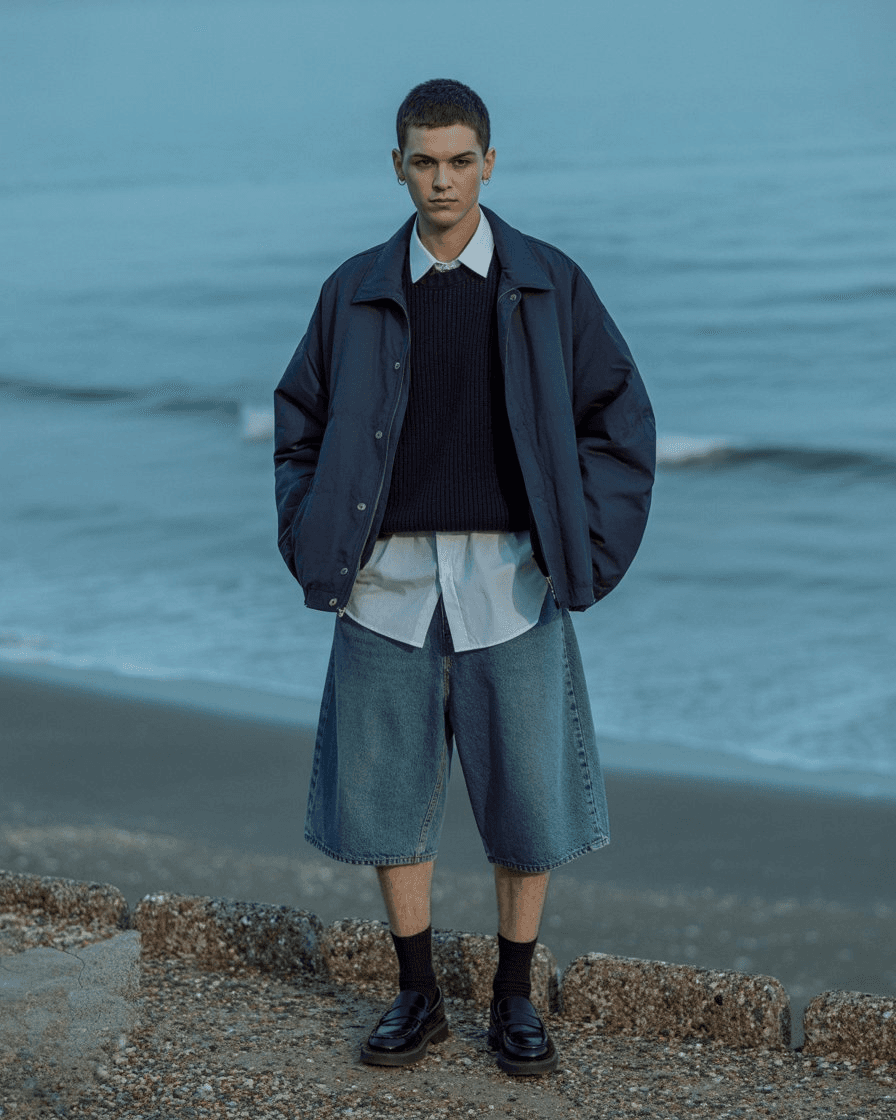 Navy Oversized Jacket Layered Over White Shirt And Black Sweater, Paired With Loose Knee-Length Denim Shorts, Black Socks, And Black Loafers