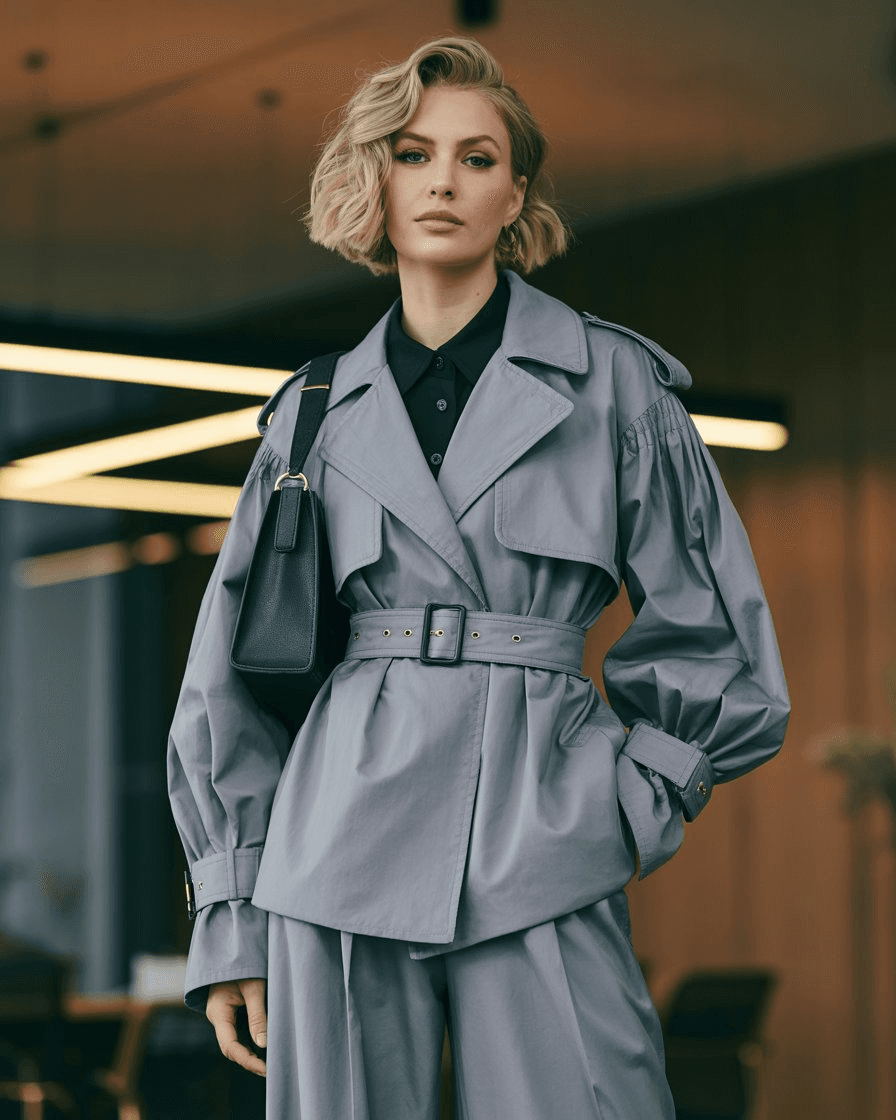 Grey Belted Trench-Style Jacket With Puffed Sleeves, Matching Wide Trousers, Black Shirt, And Structured Black Shoulder Bag