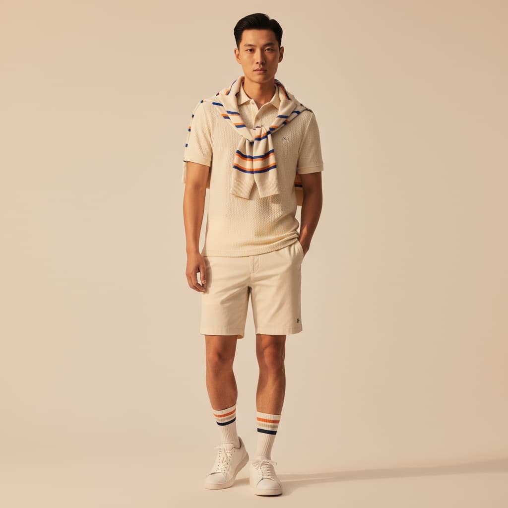 Cream Tennis Polo With Matching Shorts And Striped Sweater Draped Over Shoulders, Styled With White Sneakers And Striped Socks