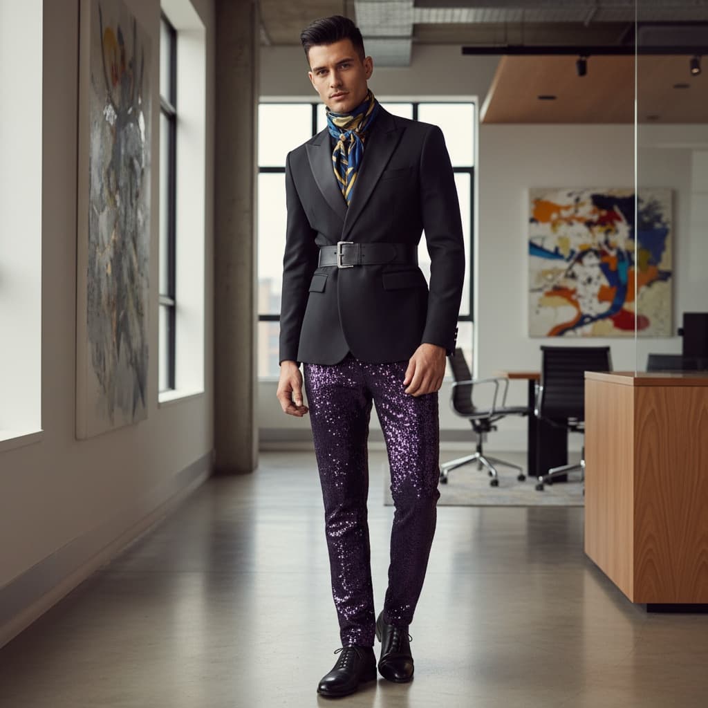 Black Tailored Blazer With Satin Lapels And Belted Waist, Paired With Deep Purple Sequined Trousers, A Silk Neck Scarf, And Polished Black Shoes
