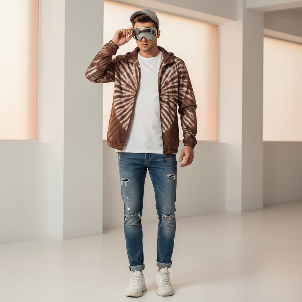 Brown Tie-Dye Windbreaker With White Tee And Distressed Blue Jeans, Accessorized With Reflective Goggles And Grey Cap For An Outdoor Sporty Look