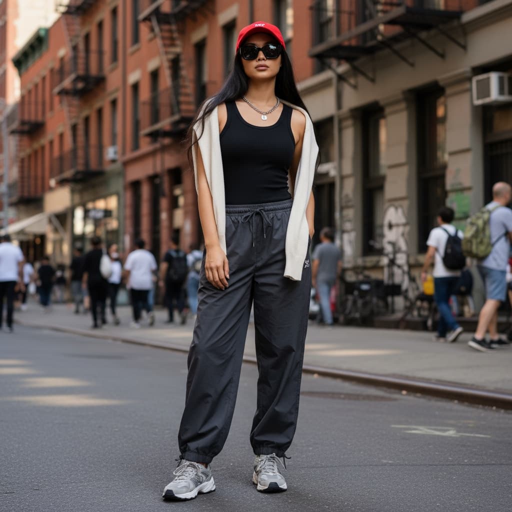 Black Fitted Tank Top With Cream Sweater Draped Over Shoulders, Paired With Dark Drawstring Pants, Red Cap, Black Sunglasses, And Grey Sneakers