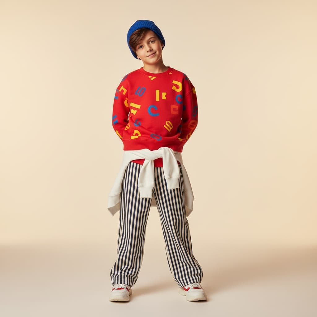 Bright Red Printed Sweatshirt Paired With Striped Wide Pants, Blue Beanie, And Tied White Hoodie Around The Waist For A Retro Street Look