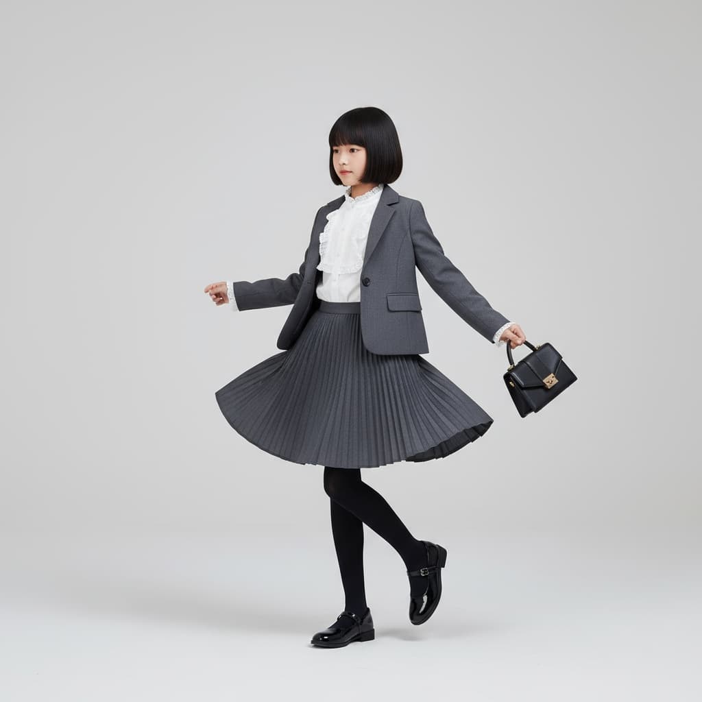 Dark Grey Pleated Skirt Suit With White Ruffled Bib Blouse, Styled With Black Tights, Patent Shoes, And A Structured Handbag