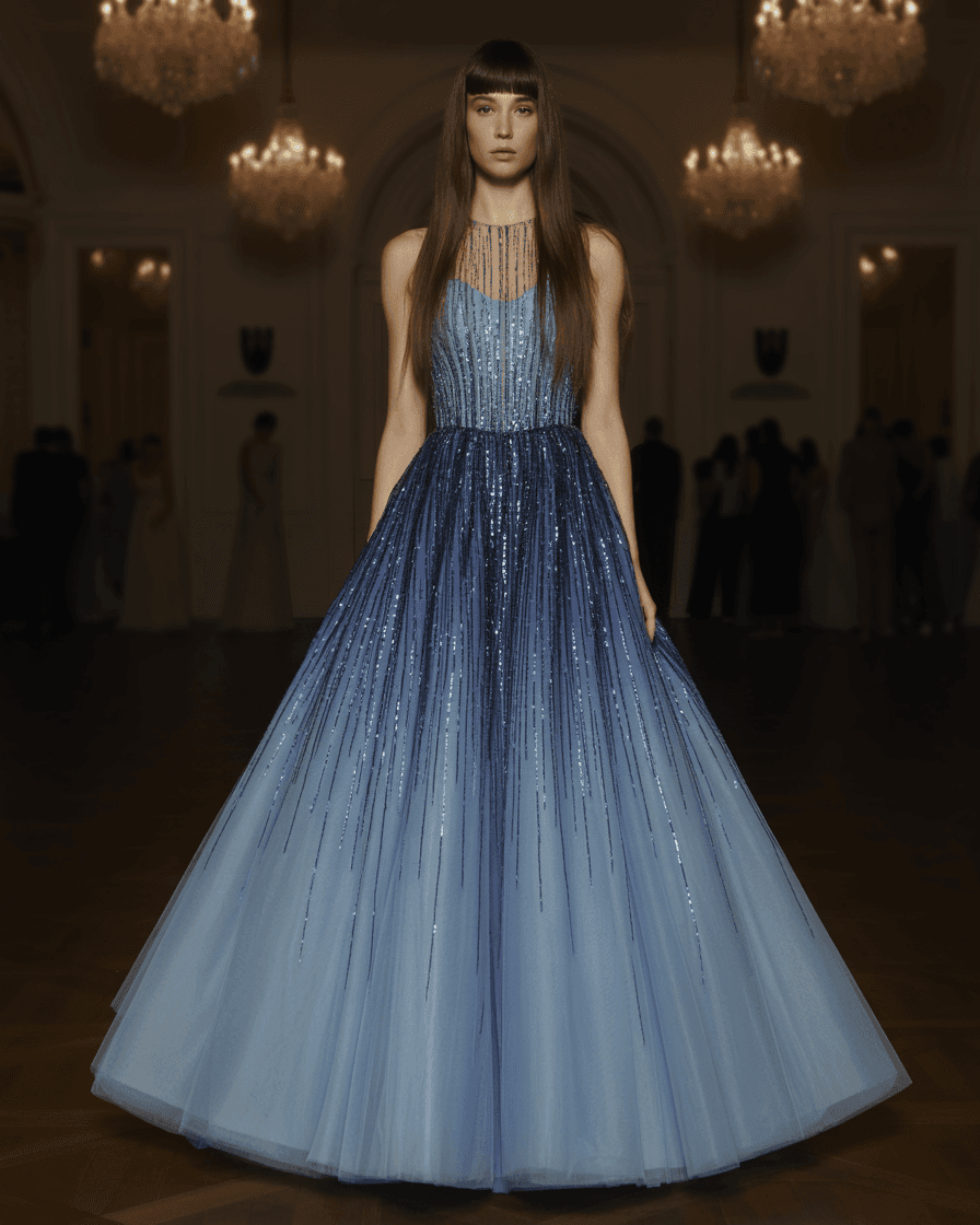 Floor-Length Ombré Blue Tulle Gown With An Illusion Neckline, Gradient Sequin Embellishments, And A Voluminous A-Line Silhouette That Conceals The Shoes
