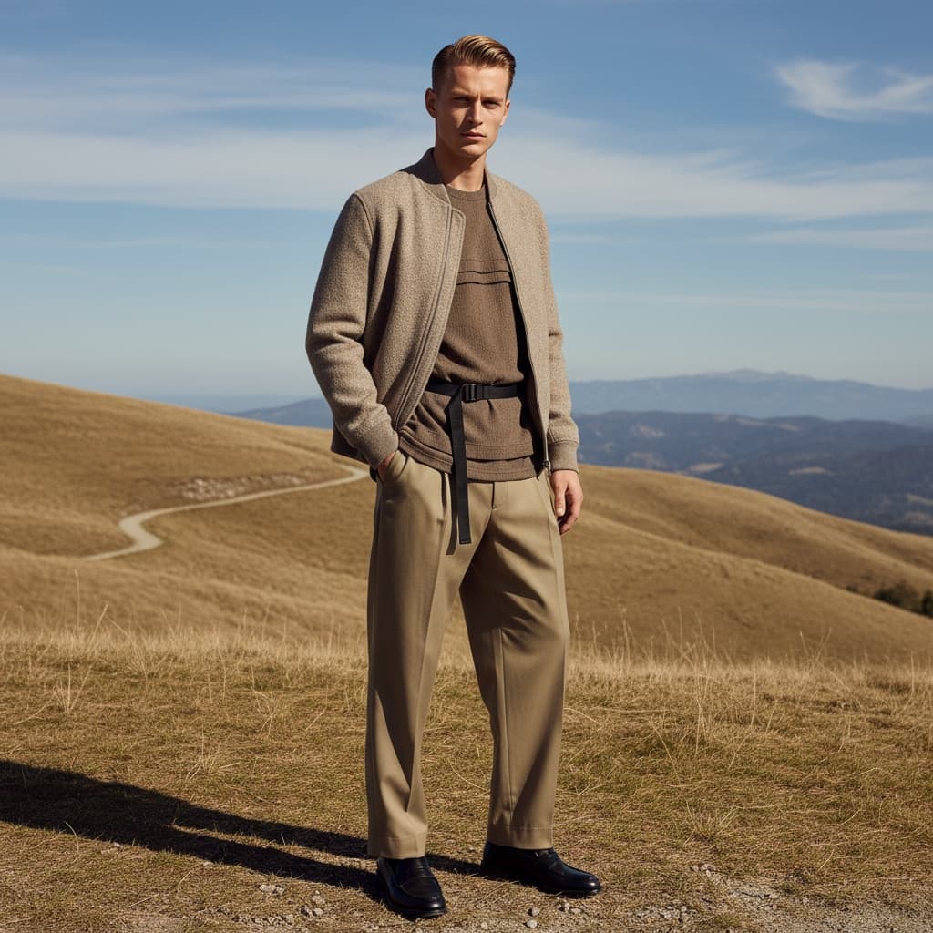 Taupe Bomber Jacket Over Layered Brown Top With Belt Detail, Matched With Khaki Wide Trousers And Black Leather Shoes, Creating A Neutral Monochrome Style