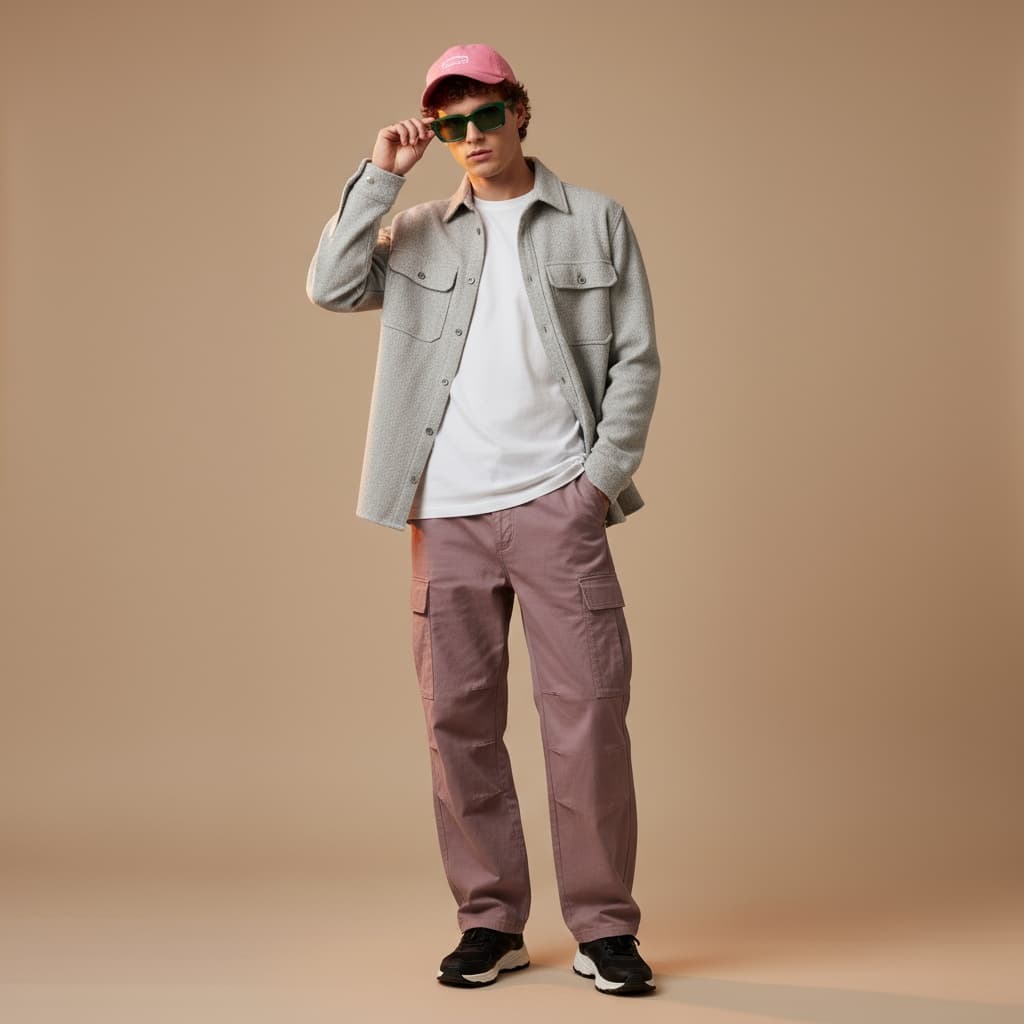 Light Grey Overshirt Layered Over A White Tee With Mauve Cargo Pants, Styled With A Pink Cap, Green Sunglasses, And Black Sneakers