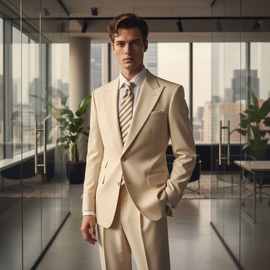 Cream Tailored Suit With Exaggerated Lapels And Matching Striped Tie, Paired With A White Shirt And Pleated Trousers For A Refined Retro Silhouette