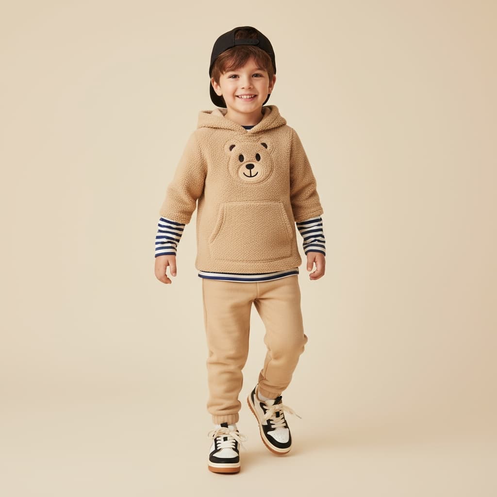 Beige Hooded Set With Cartoon Bear Face Detail, Striped Undershirt, Cuffed Pants, Black Cap, And Two-Tone Sneakers For A Playful Casual Look