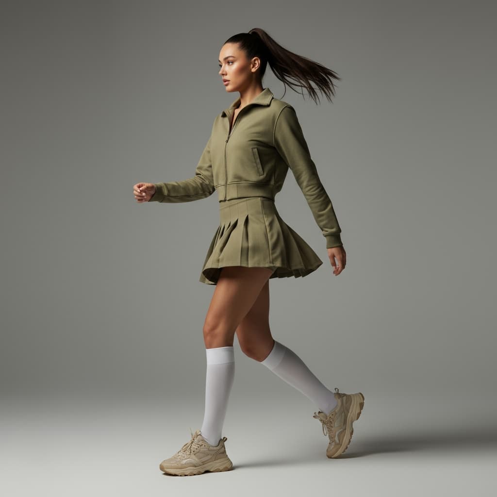Khaki Cropped Zip-Up Jacket With Matching Pleated Mini Skirt, Paired With White Crew Socks And Beige Sneakers For A Sporty Casual Look
