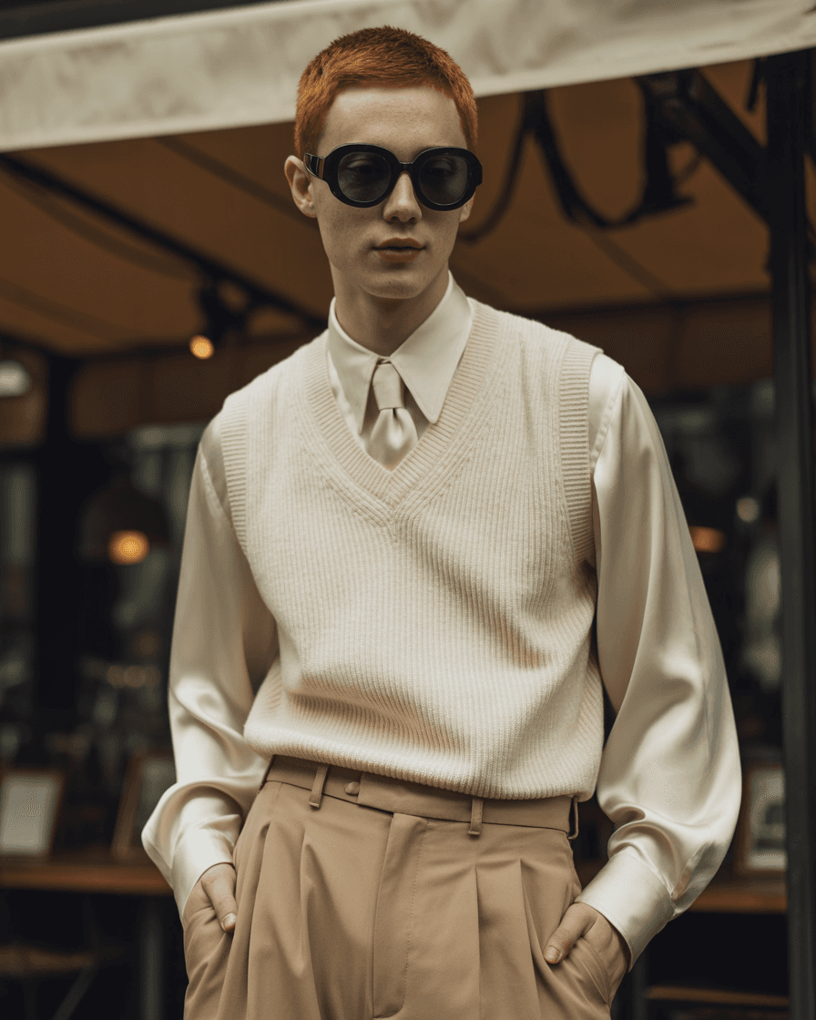Ivory Sleeveless Knit Vest Layered Over A Silk Shirt With Matching Tie, Worn With High-Rise Pleated Trousers And Oversized Black Sunglasses