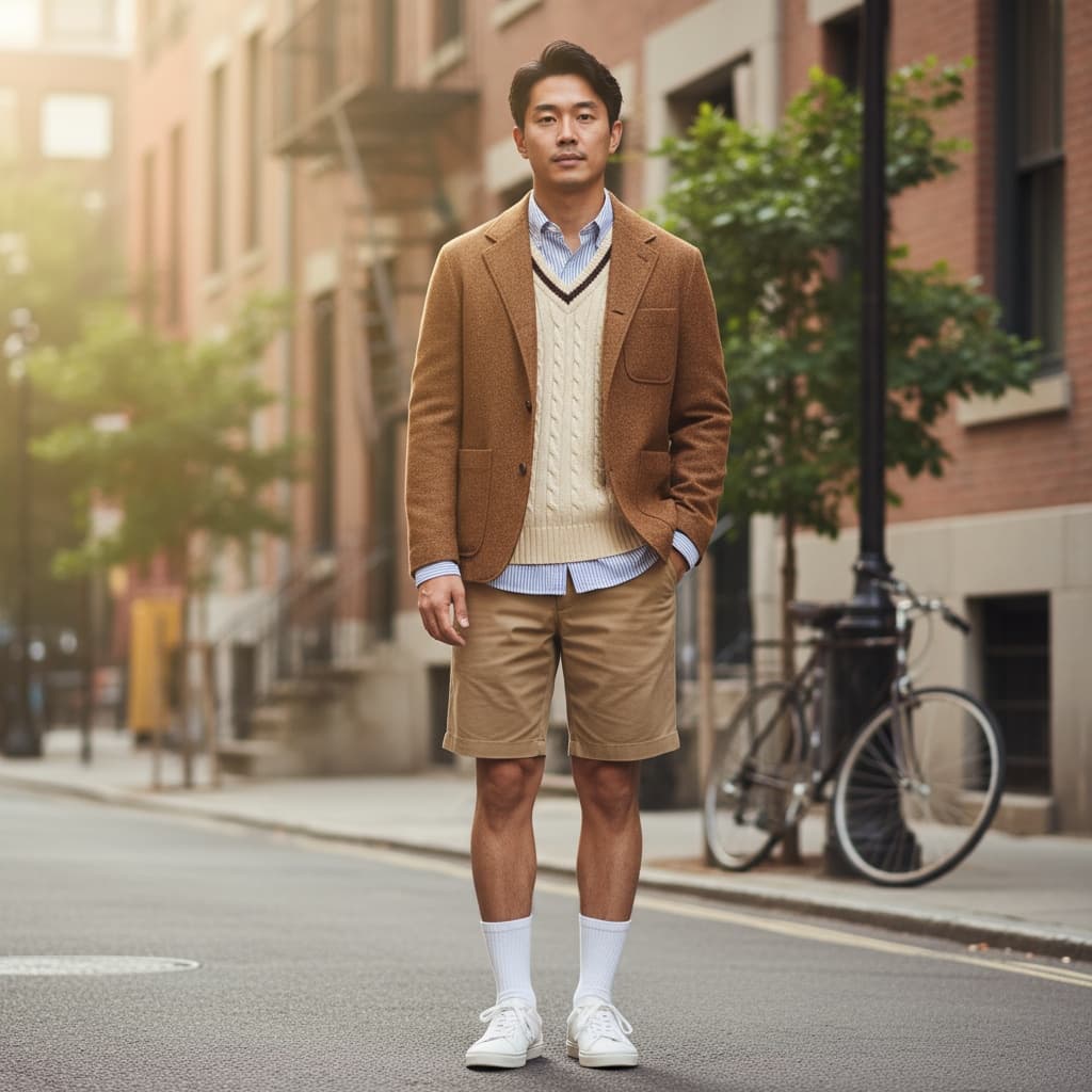 Brown Jacket Layered Over Cream Cable-Knit Vest And Blue Striped Shirt, Styled With Khaki Shorts, White Socks, And White Sneakers For A Vintage Preppy Look