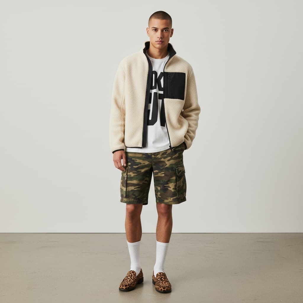 Cream Fleece Jacket With Black Accents, White Printed T-Shirt, And Camo Cargo Shorts, Styled With White Socks And Leopard-Print Loafers For A Casual Street Look