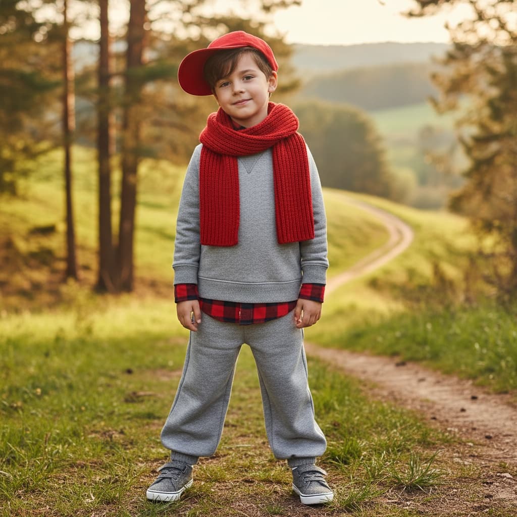 Grey Sweatshirt Layered Over Red Plaid Shirt And Matching Wide Sweatpants, Styled With A Red Knit Scarf, Red Cap, And Grey Sneakers