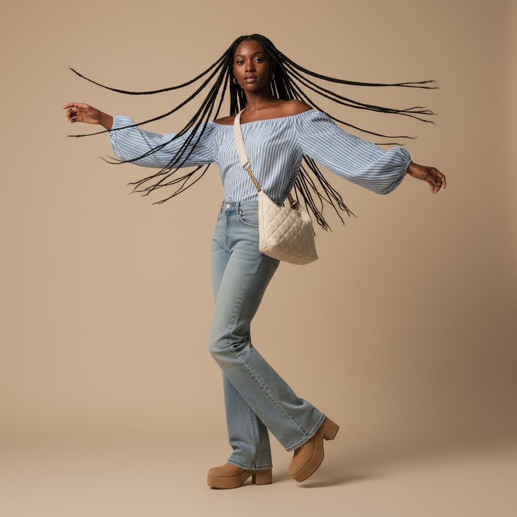 Off-Shoulder Striped Long-Sleeve Top With Faded Bootcut Jeans, Styled With A Quilted White Tote Bag And Tan Suede Shoes For A Casual Vintage Look