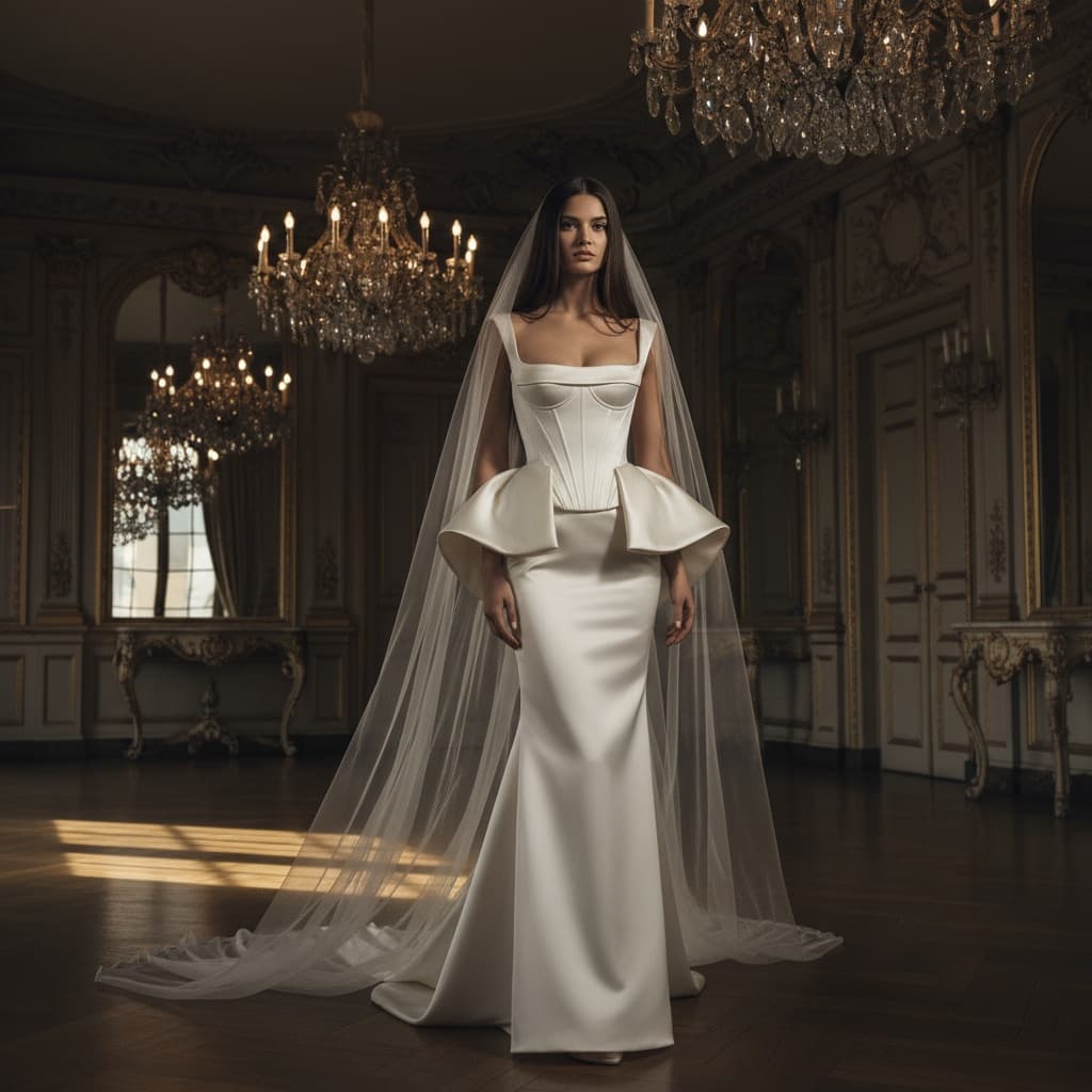 Floor-Length Ivory Bridal Gown With A Structured Corset Top, Exaggerated Padded Peplum, And Sheer Veil, Crafted From Smooth Satin With Subtle Sheen