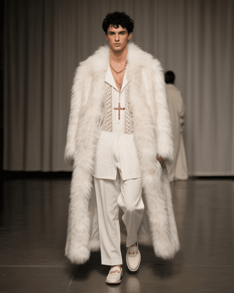 Floor-Length White Fur-Trimmed Coat Layered Over A Lace-Detailed Tunic And Tailored Trousers, Accessorized With A Gold-Beaded Cross Necklace And Loafers