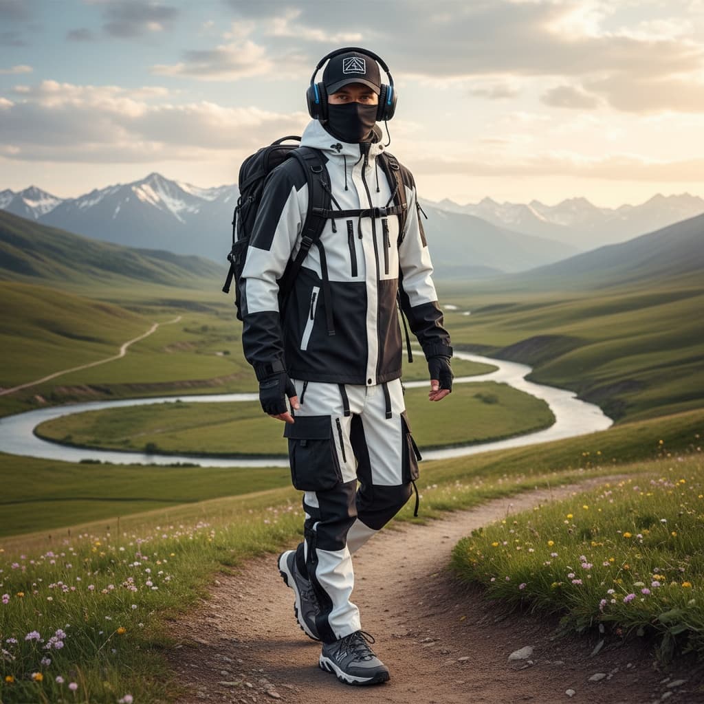 White And Black Contrast Hooded Jacket With Matching Tech Cargo Pants, Layered With Face Mask, Cap, And Grey Sneakers, Accessorized With Black Backpack And Headphones
