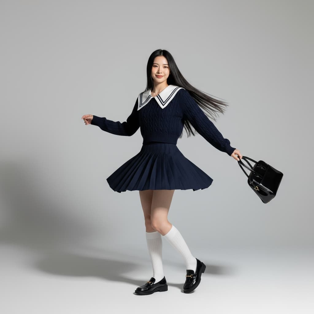 Navy Cropped Sweater With Sailor Collar And Mini Pleated Skirt, Paired With White Knee-High Socks, Black Loafers, And A Glossy Black Handbag