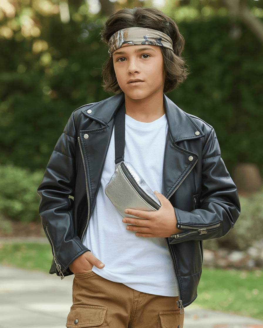 Black Leather Jacket Layered Over A White T-Shirt And Brown Cargo Pants, Accessorized With A Printed Headband And Silver Pouch