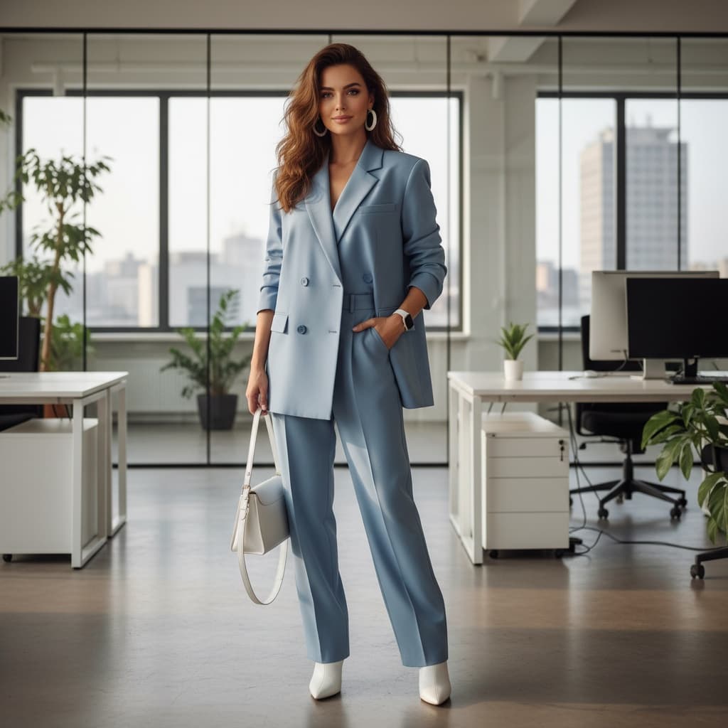 Light Blue Oversized Blazer, Paired With Matching Trousers And White Accessories.